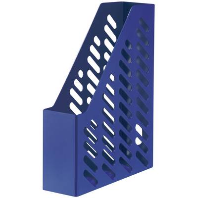 Classeur vertical bleu en plastique avec côtés grillagés ouverts, conçu pour le rangement de documents ou de magazines en position verticale.
