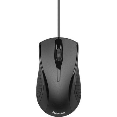 Souris d'ordinateur filaire noire au design ergonomique, dotée de deux boutons et d'une molette de défilement. Logo de la marque 'hama' à l'avant.