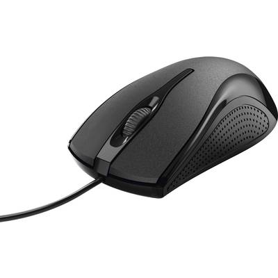 Une souris d'ordinateur filaire noire au design ergonomique avec une molette de défilement, sur un fond blanc.