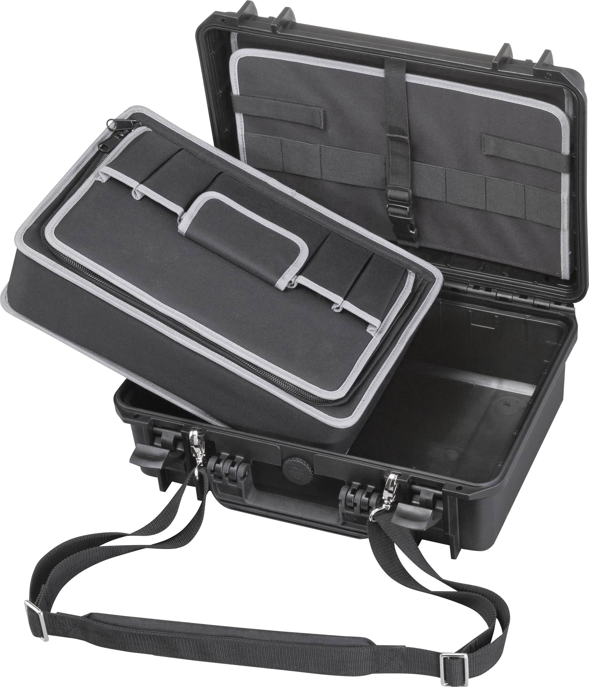 Valise de protection noire avec insert amovible, présentée ouverte. L'insert comporte des compartiments pour l'organisation, et la valise est équipée de sangles de transport.