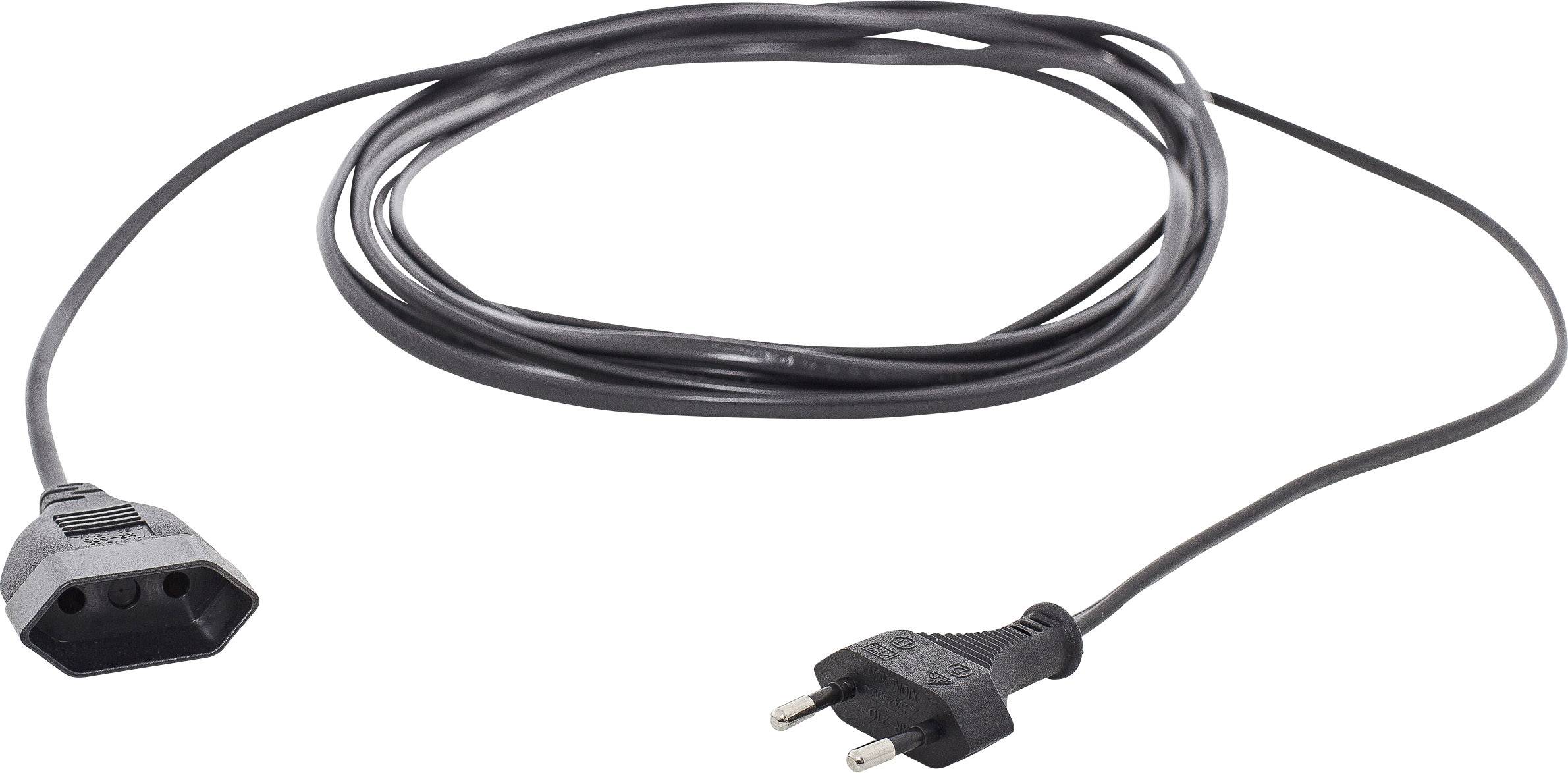 Câble électrique avec une fiche européenne d'un côté et une prise femelle tripolaire de l'autre, adapté aux appareils électriques.