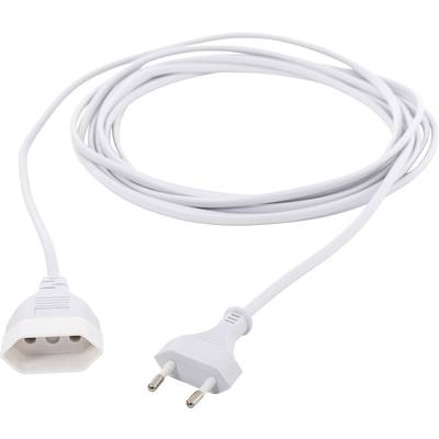 Un long câble d'extension électrique blanc avec une fiche européenne et une prise triple à l'autre extrémité.