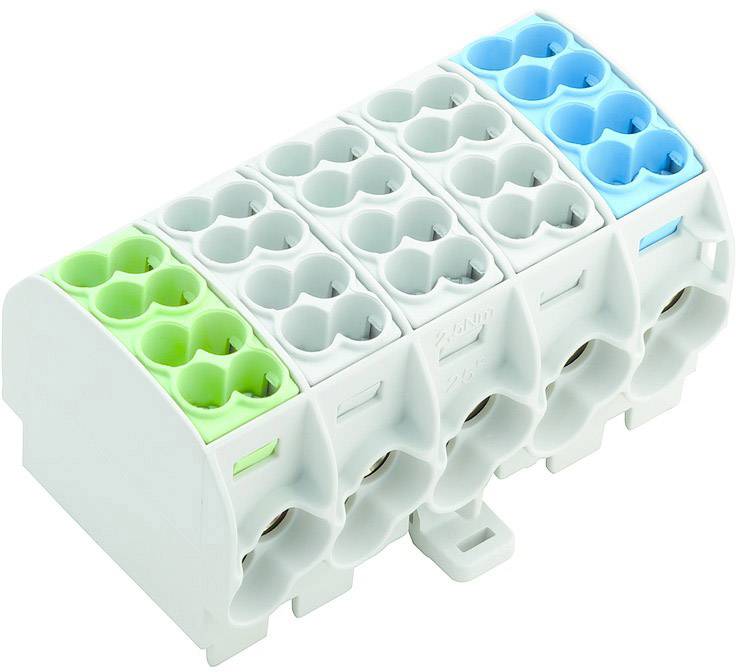 Un bornier électrique multicolore avec des connexions vertes, bleues et blanches pour un raccordement sûr des fils.