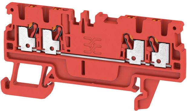Barrette de connexion rouge avec contacts métalliques. Convient pour le câblage dans les installations électriques.