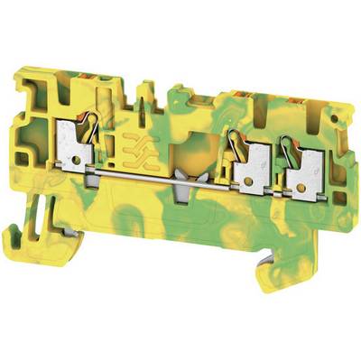 Bloc de bornes avec boîtier jaune et vert. Deux bornes métalliques visibles. Utilisé dans les connexions électriques.