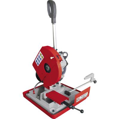 Scie électrique métallique rotative rouge avec protection de sécurité, poignée et vis de serrage, adaptée pour couper précisément des barres métalliques.