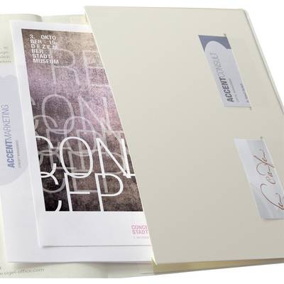Une pochette beige ouverte présente des brochures avec les titres 'ACCENT MARKETING' et 'CONCEPT MUSÉE DE LA VILLE'. Une carte de visite est visible.