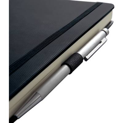 Un carnet noir avec un porte-stylo ; il est présenté en perspective diagonale. Le porte-stylo est métallique.