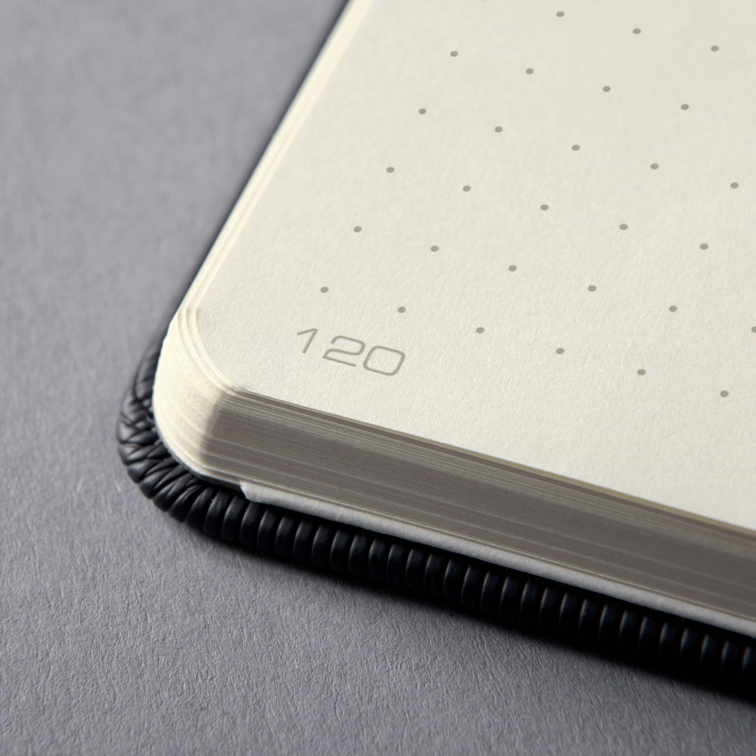 Coin d'un carnet avec des pages pointillées et le chiffre '120'. Les bords de page montrent une pile ; reliure à spirale noire visible.