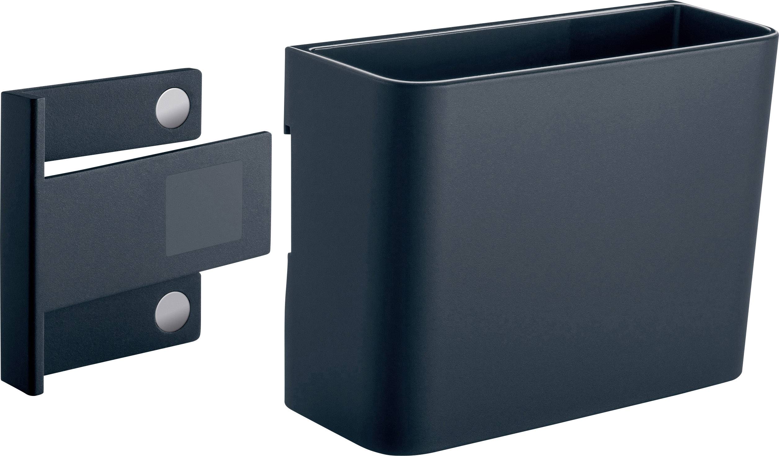 Un support noir fixable au mur avec un récipient rectangulaire. Adapté pour le rangement d'objets dans un bureau ou une salle de bain.