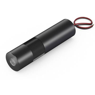 Corps cylindrique métallique noir avec des rainures et deux câbles saillants, l'un rouge et l'autre noir. Probablement un composant électronique.