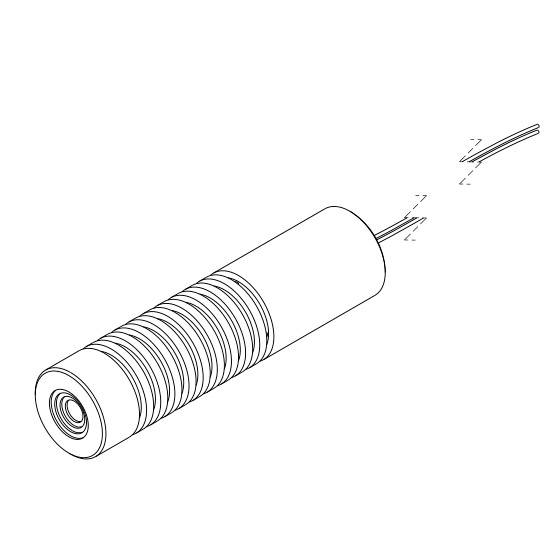 Dessin au trait d'un capteur cylindrique à surface cannelée avec connexion de câble sur la droite.