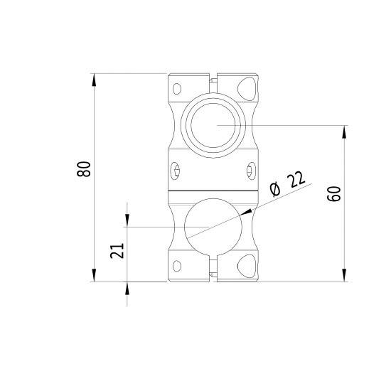 Dessin technique d'une pièce mécanique avec dimensions : taille totale 80 mm, hauteur 60 mm, diamètre du cercle 22 mm, cote de distance 21 mm.