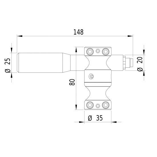 Dessin technique d'une charnière avec dimensions : longueur 148 mm, hauteur 80 mm, diamètres 25 mm et 35 mm.