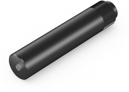 Un objet noir cylindrique avec une extrémité striée, probablement une petite lampe de poche ou un appareil similaire.