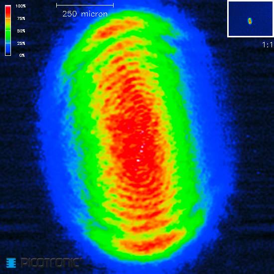 Image thermique en fausses couleurs montrant une forme ovale en tons de rouge intenses, entourée de verts et de bleus plus froids, échelle de 250 microns.