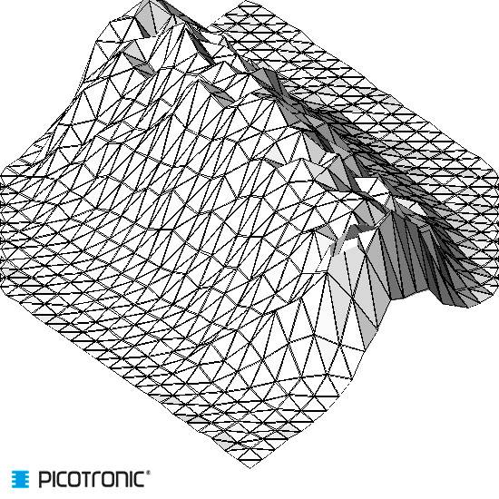Modèle de maillage filaire d'une structure 3D ondulante. Logo avec texte 'Picotronic' en bas à gauche.