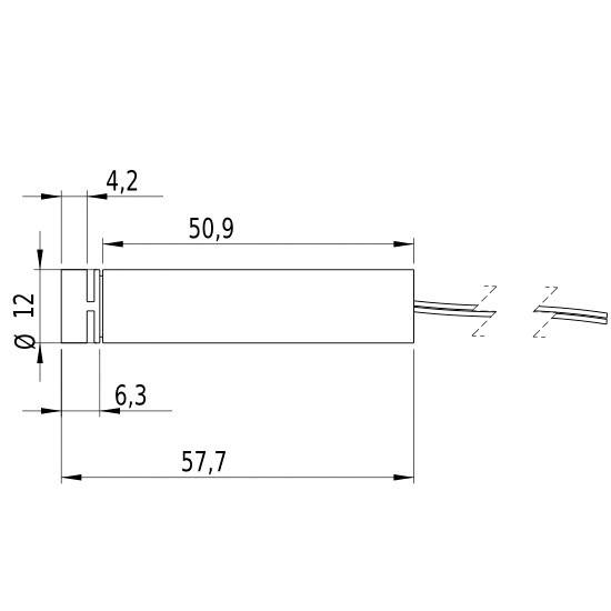 Élément cylindrique avec connexion de câble à droite. Dimensions : ø 12, longueur 57,7 mm, segment long de 50,9 mm, distance de 6,3 mm.