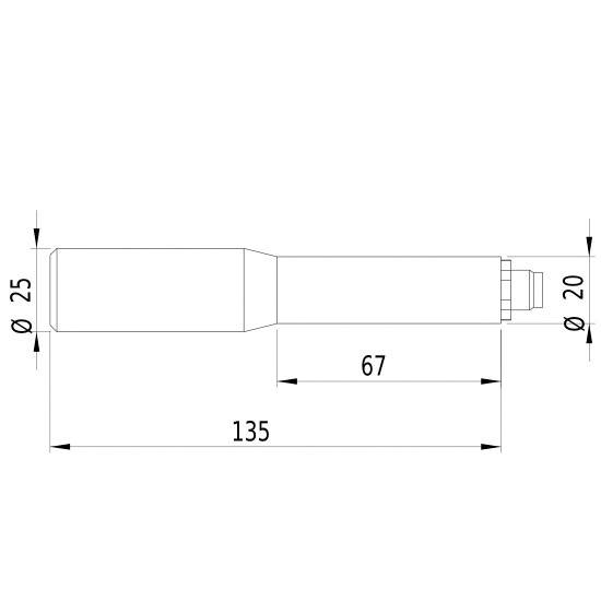 Dessin technique d'un objet cylindrique. Les dimensions de longueur sont de 67 mm et 135 mm. Le diamètre est de 25 mm et 20 mm.