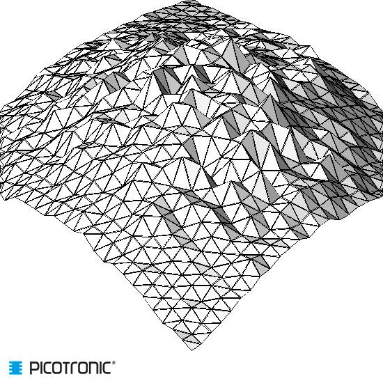 Un modèle de maillage tridimensionnel représente un paysage irrégulier et vallonné. En bas à gauche se trouve le logo 'PICOTRONIC'.