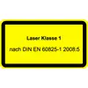 Panneau d'avertissement jaune avec bordure noire. Texte : 'Laser Classe 1 selon DIN EN 60825-1 2008:5'.