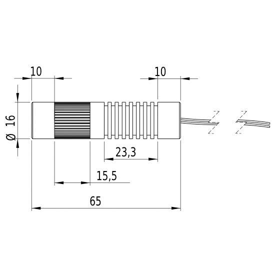 Diagramme d'une pièce cylindrique avec dimensions : longueur 65 mm, diamètre 16 mm, segments de 10 mm et zone de nervures de 23,3 mm.