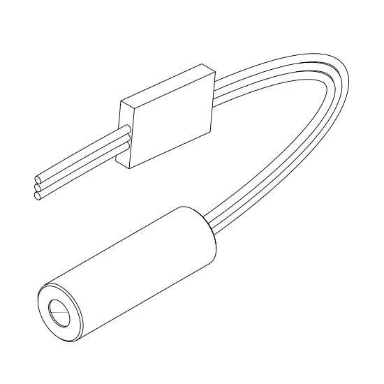 Un croquis technique simple d'une fiche cylindrique reliée à un connecteur rectangulaire et trois fils.