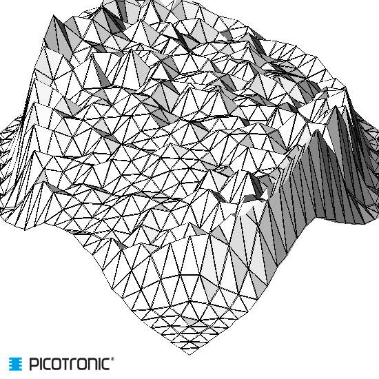 Modèle de réseau 3D d'un terrain irrégulier avec des surfaces triangulaires, représenté en noir et blanc, logo 'Picotronic' en bas à gauche.