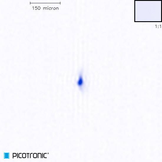 Motif lumineux bleu au centre sur fond blanc, échelle '150 microns' en haut à gauche, logo 'PICOTRONIC' en bas à gauche.