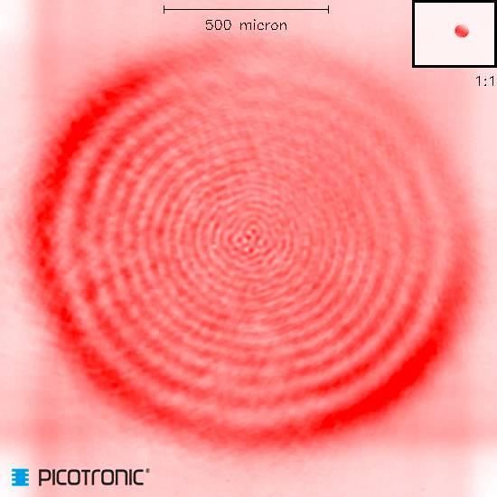 Motifs d'interférence rouges avec des cercles concentriques, centraux et clairement visibles, échelle marquée à '500 microns'.