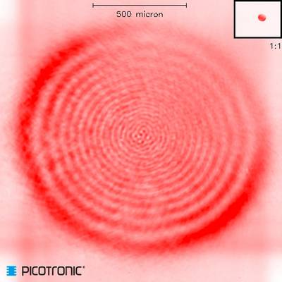 Motifs d'interférence rouges avec des cercles concentriques, centraux et clairement visibles, échelle marquée à '500 microns'.