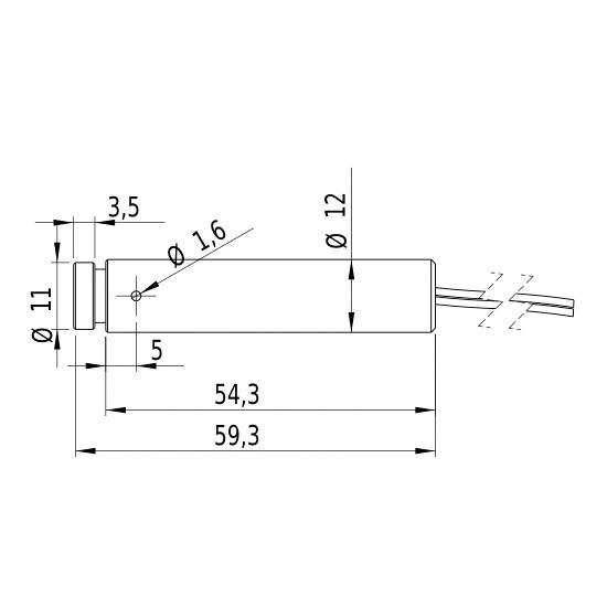 Dessin technique d'un objet cylindrique avec des câbles, dimensions : longueur 59,3 mm, diamètre 12 mm. Vue de dessus avec cotations.