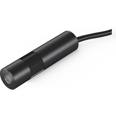 Appareil électronique cylindrique noir avec un câble, probablement un capteur ou une caméra, sur fond blanc.
