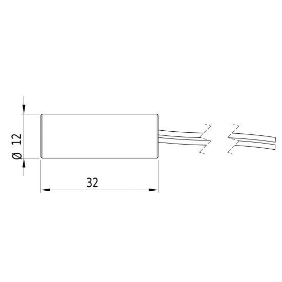 Dessin technique d'un objet cylindrique de 12 mm de diamètre et 32 mm de long, avec deux câbles à une extrémité.