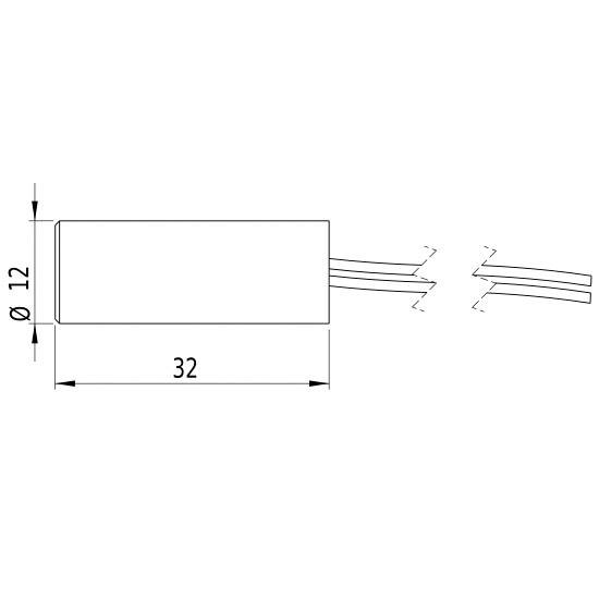 Dessin au trait d'un objet cylindrique de 12 mm de diamètre et 32 mm de longueur. Deux câbles dépassent d'une extrémité.