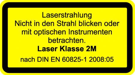 Panneau d'avertissement jaune avec bordure noire : 'Rayonnement laser. Ne pas regarder dans le faisceau ou observer avec des instruments optiques. Laser de classe 2M.'