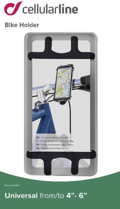 Support de téléphone Cellularline pour vélo, adapté aux smartphones de 4" à 6". Illustré sur un guidon de vélo.