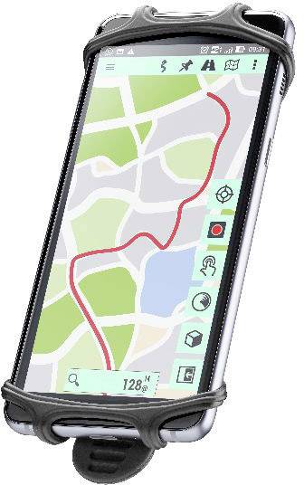 Un smartphone placé dans un support affiche une application de navigation avec un itinéraire marqué en rouge sur une carte routière.