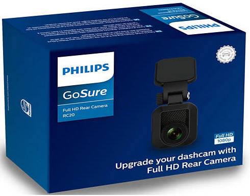 Emballage de la 'Philips GoSure Caméra de recul Full HD RC20', boîte bleu foncé avec illustration du produit et texte 'Améliorez votre dashcam avec la Caméra de recul Full HD'.