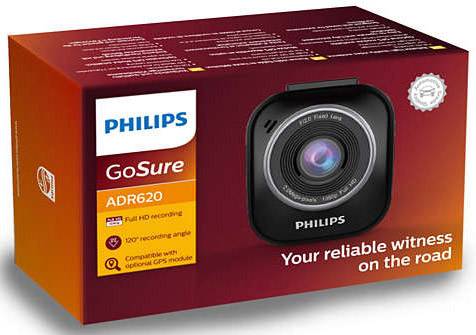 Emballage du Dashcam Philips GoSure ADR620 avec enregistrement Full HD, angle de vue de 120° et compatibilité avec un module GPS.