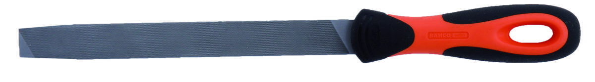 Une lime avec une poignée ergonomique en plastique noir et rouge, adaptée pour lisser et façonner des matériaux tels que le métal ou le bois.