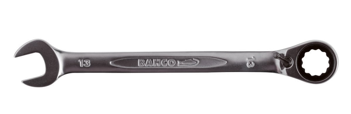 Une clé polygonale à cliquet unilatérale Bahco, taille 13, avec mécanisme de cliquet intégré.