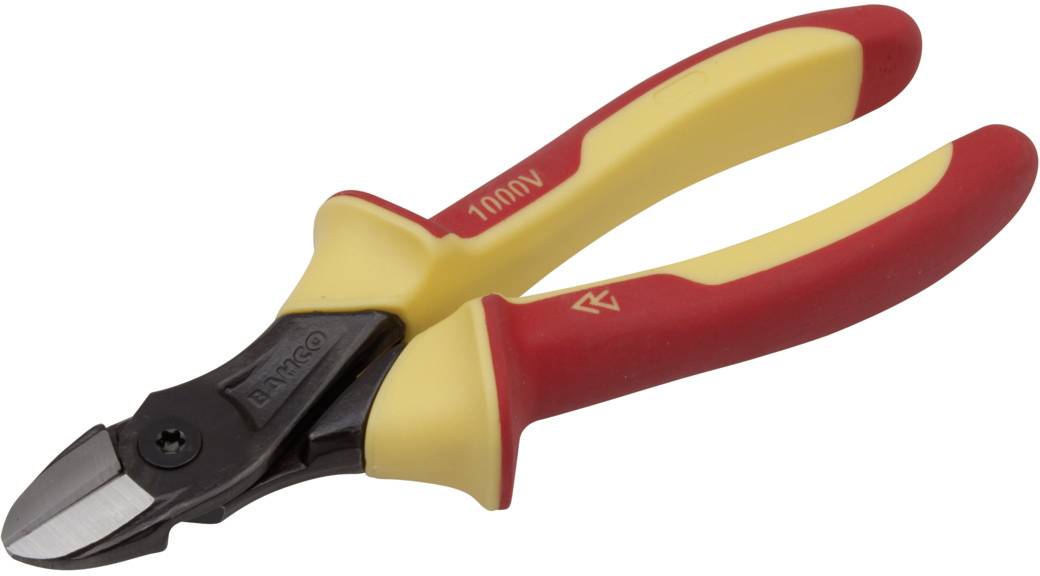 Une paire de pinces coupantes latérales rouges et jaunes avec des poignées isolées, adaptées aux travaux électriques.