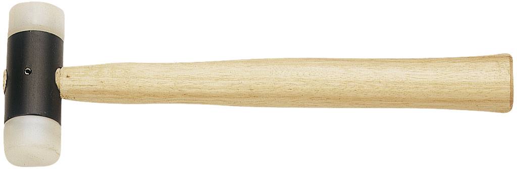 Poignée en bois avec tête de marteau en plastique, adapté pour des coups légers sur des surfaces délicates.