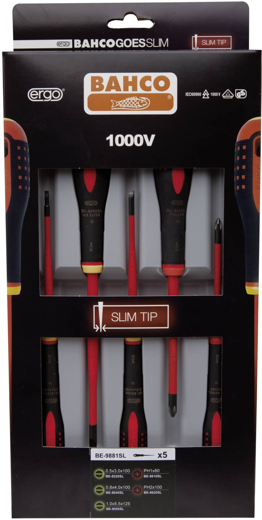 Ensemble de cinq tournevis isolés de Bahco, adaptés aux travaux jusqu'à 1000V. Design ergonomique avec des pointes effilées.