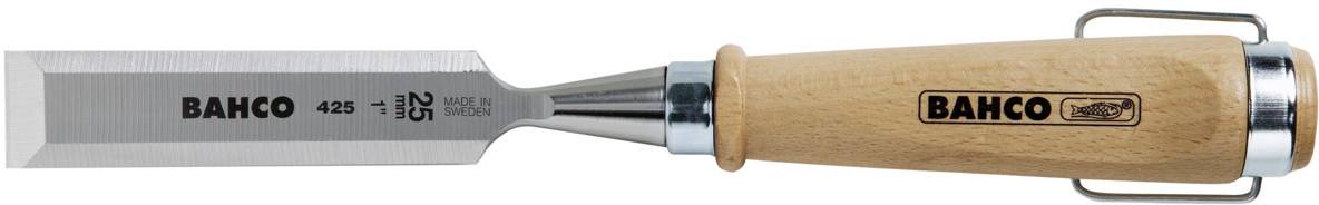 Ciseau à bois avec manche en bois et logo BAHCO sur la lame et le manche, utilisé pour couper le bois dans les travaux artisanaux.