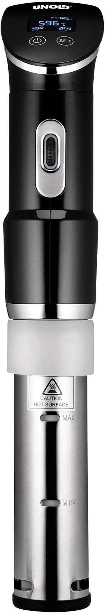 Un bâton de cuisson sous vide noir avec écran digital, régulateur de température et tube de plongée en acier inoxydable. Utilisé pour une cuisson précise.