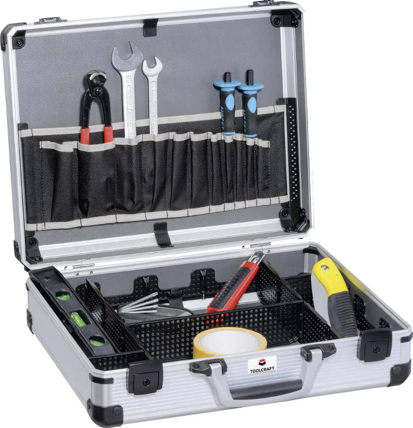 Coffret à outils ouvert avec des pinces, des clés à molette, des tournevis, des niveaux à bulle et du ruban adhésif dans des compartiments séparés.