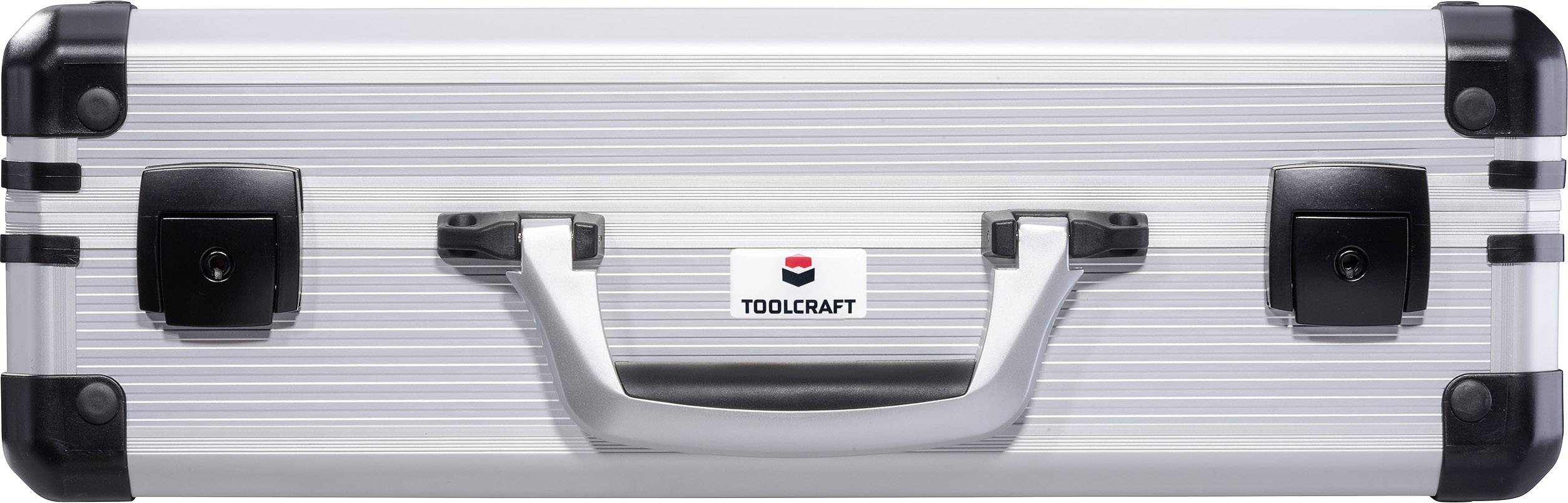 Coffret à outils argenté avec poignée noire et fermoirs, marque 'Toolcraft'. Idéal pour ranger vos outils en toute sécurité.