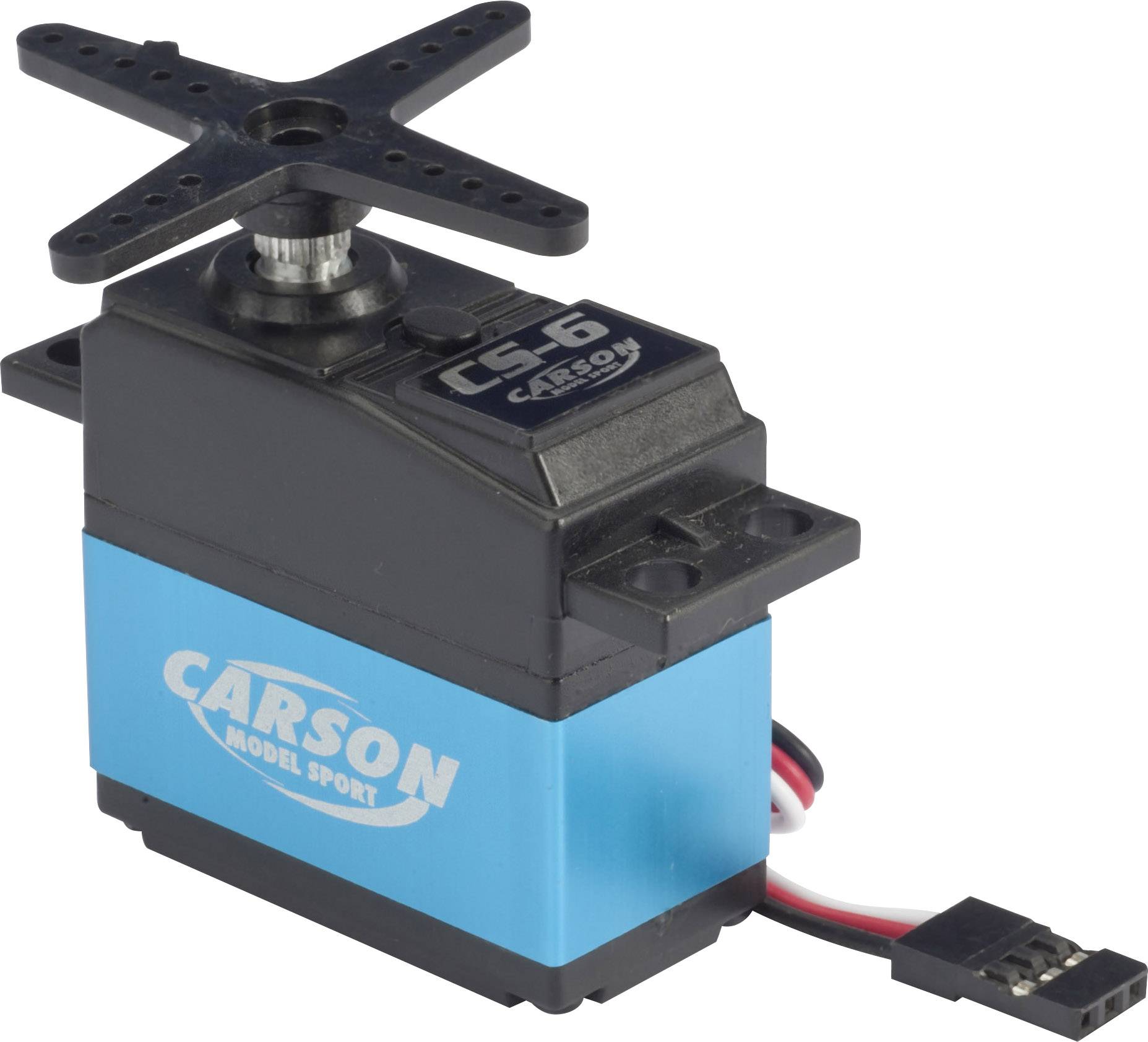 Petit moteur électrique bleu et noir portant l'inscription 'CARSON Model Sport'. Un câble avec une fiche sort sur le côté.